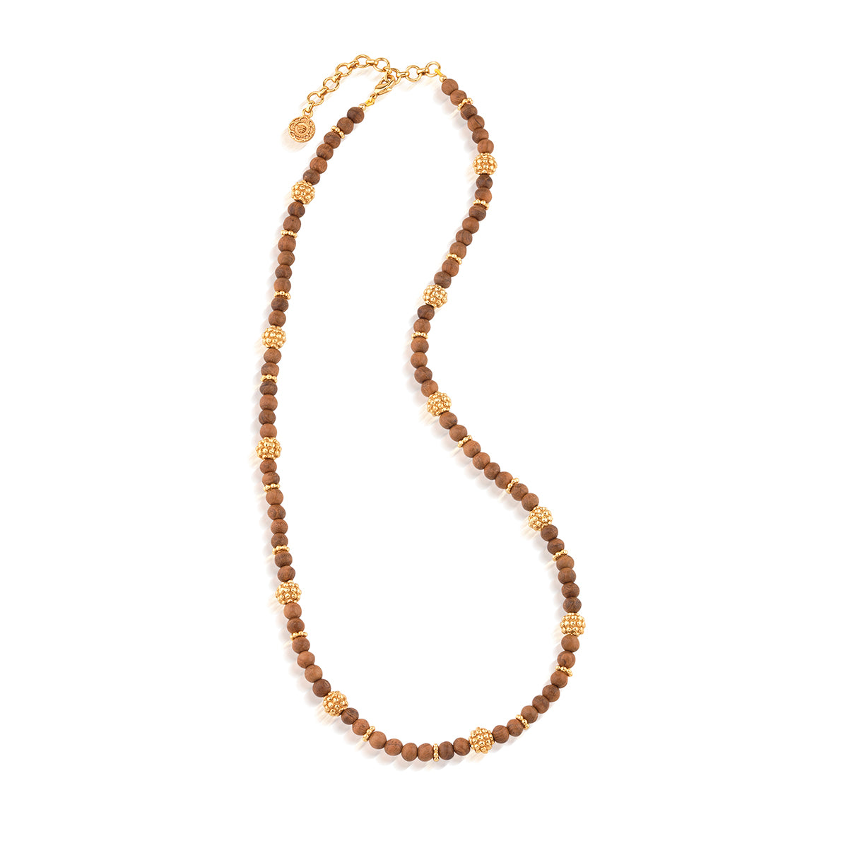 A long beaded necklace featuring brown wooden beads separated by small gold spacer beads and a gold clasp, displayed on a clean white background.