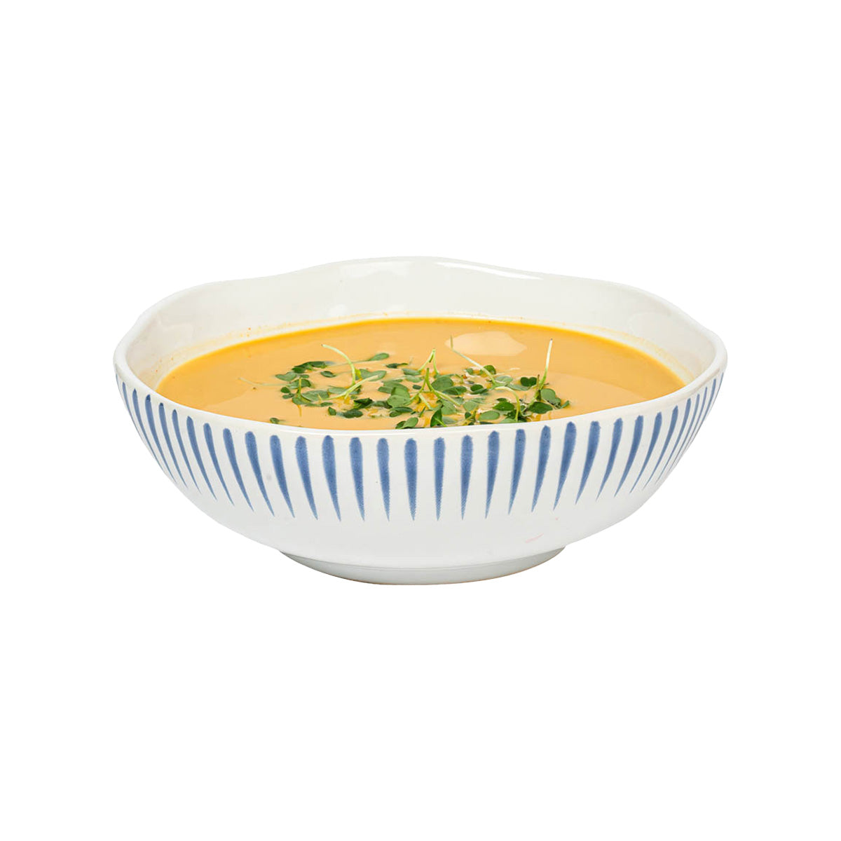 Sitio Stripe Coupe Bowl - Delft Blue, styled table setting view