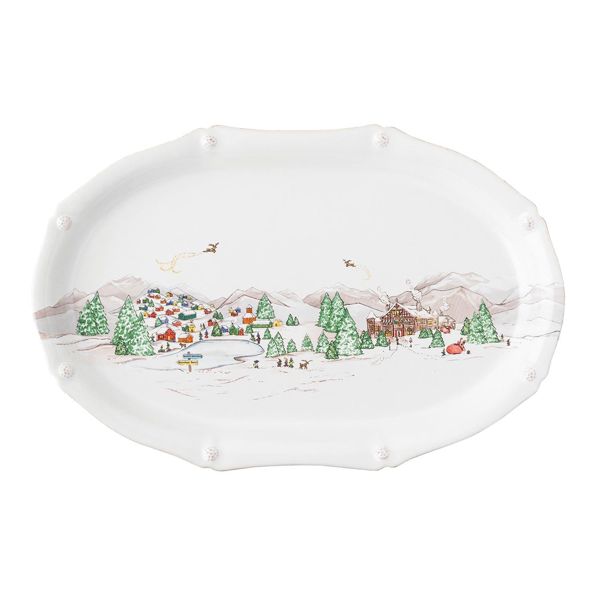 The mythical, folkloric world of the North Pole is hand illustrated atop iconic Berry & Thread shapes in this new holiday collection. Find the elves’ village and toy workshop depicted on this generously sized 17” platter with subtly scalloped rim.