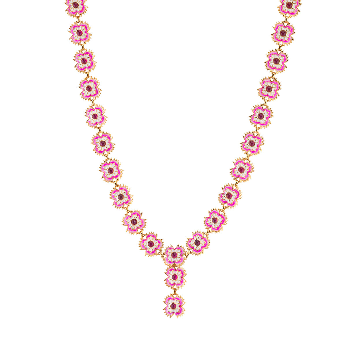 A garland of petite dianthus blossoms in petal pinks, white, and bright golden flourishes brings a dose of feminine flower power to complement any outfit or occasion. Meaning “divine flower,” these beguiling blooms are crafted of vibrantly hand-painted enamel with luminous fuchsia jade gemstone centers for a look that’s dainty yet decadent, subtle yet striking. This convertible necklace can be worn with or without the center drop, so that you can adjust it to suit your neckline.