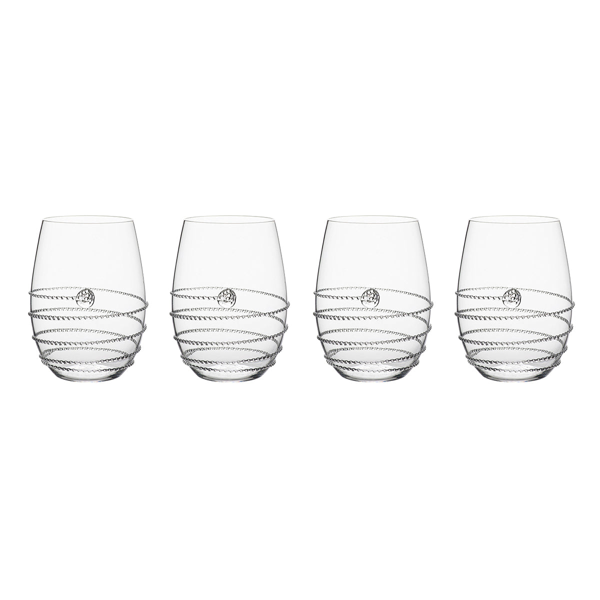 Four fabulous stemless Amalia glasses, festooned with our iconic uplifting swirl and buttoned with a solitary berry, to pair perfectly with al fresco occasions and epicurean adventures. Stemless design works just as well for cocktails, fizzy drinks, and anything on ice. Packaged in our signature Juliska gift box for an elegant presentation.