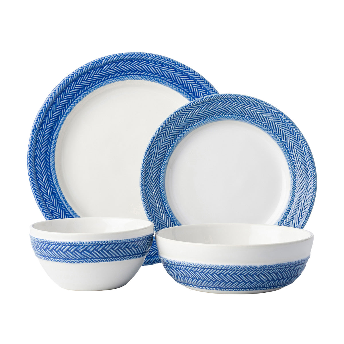 Inspired by the French basket weave often found in equestrian and nautical traditions, the border is beautifully hand-painted in a windswept Delft Blue. Our 4 piece place setting contains a dinner plate, dessert/salad plate, cereal/ice cream bowl and coupe pasta/soup bowl.