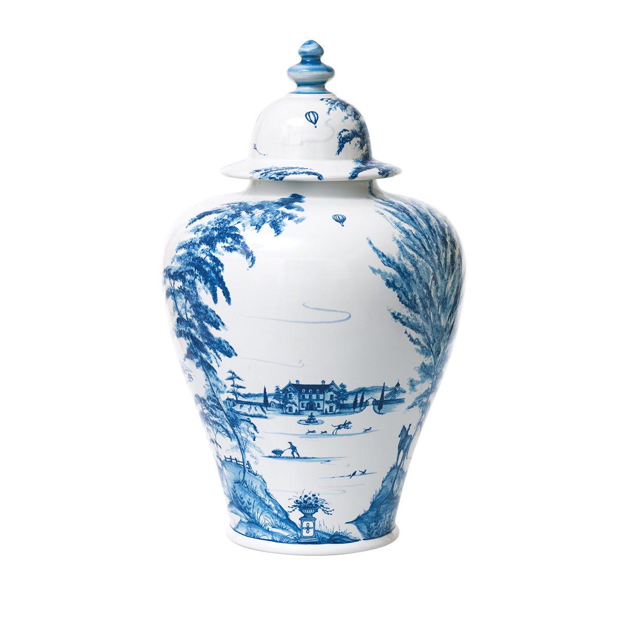 17 inch ginger jar in blue and white, with a country estate design.