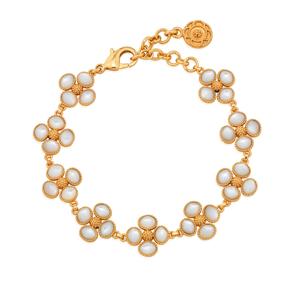 Better than finding a lucky clover, this stunning bracelet is like stumbling upon a field full of them, with gleaming golden clovers studded with iridescent mother of pearl orbs, united in linear fashion. This go-to piece layers beautifully in a bracelet stack, is fabulously versatile, and elevates your ensemble with a splash of serendipity.