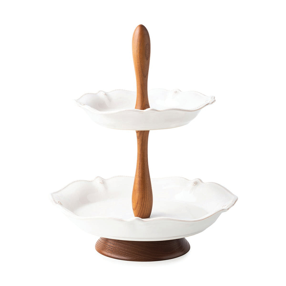 Rimmed with a simple thread and adorned with a sprinkling of berries, this iconic dinnerware collection embraces the historic motifs of our Bohemian glassware. This tiered serving stand features a combination of ash wood handle and foot, with two ceramic rimmed trays with subtle scallop detail. The wood elements easily unscrew and separate from the ceramic trays for dishwashing. Wood elements should be cleaned with a damp cloth.