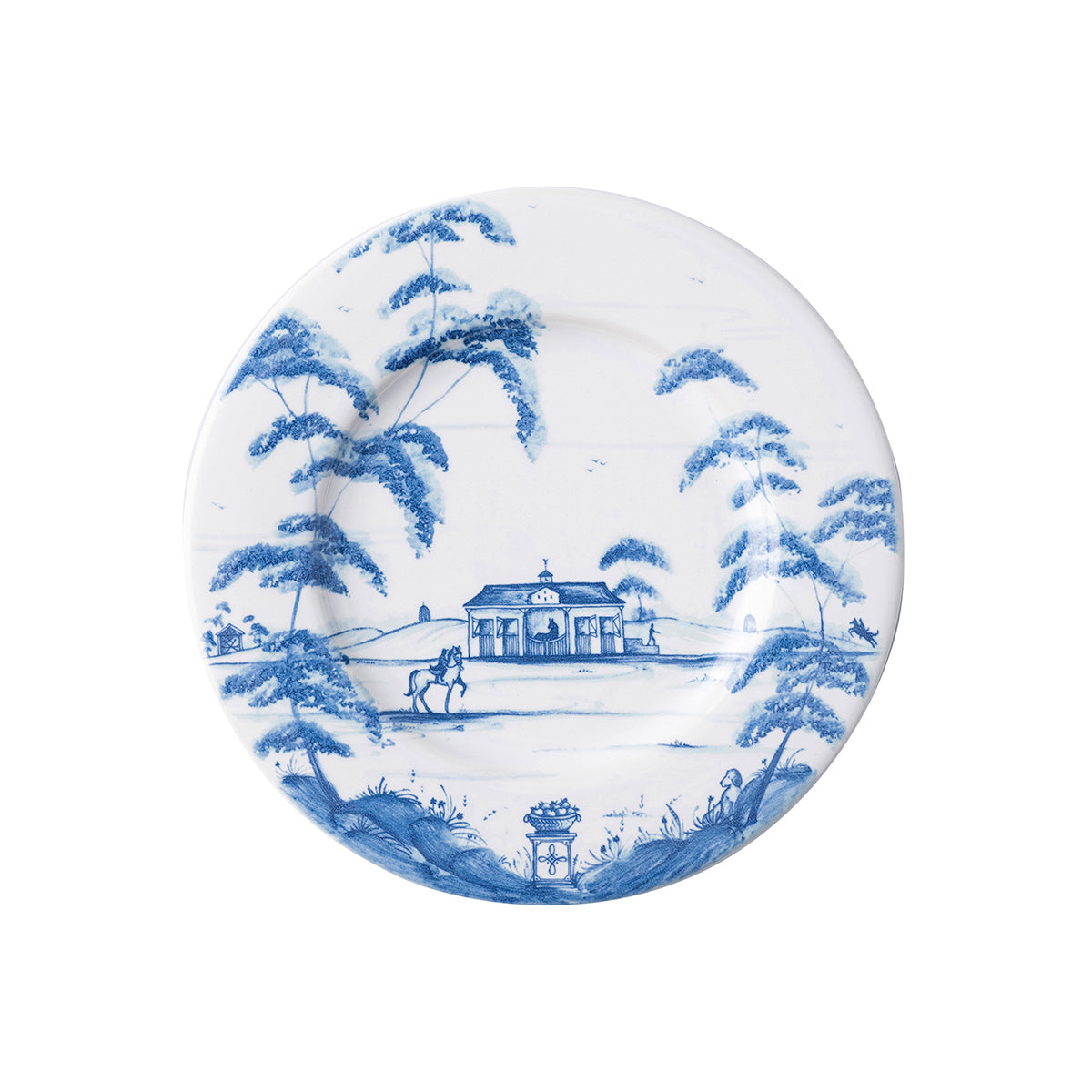 From our Country Estate Collection- A galivant across the fields on your favorite filly from our stables promotes rosy cheeks and stimulates the appetite. Our side plate is the perfect companion to a slice of homemade bread, generously slathered with butter. Featuring: Stable and Golf Hut.
