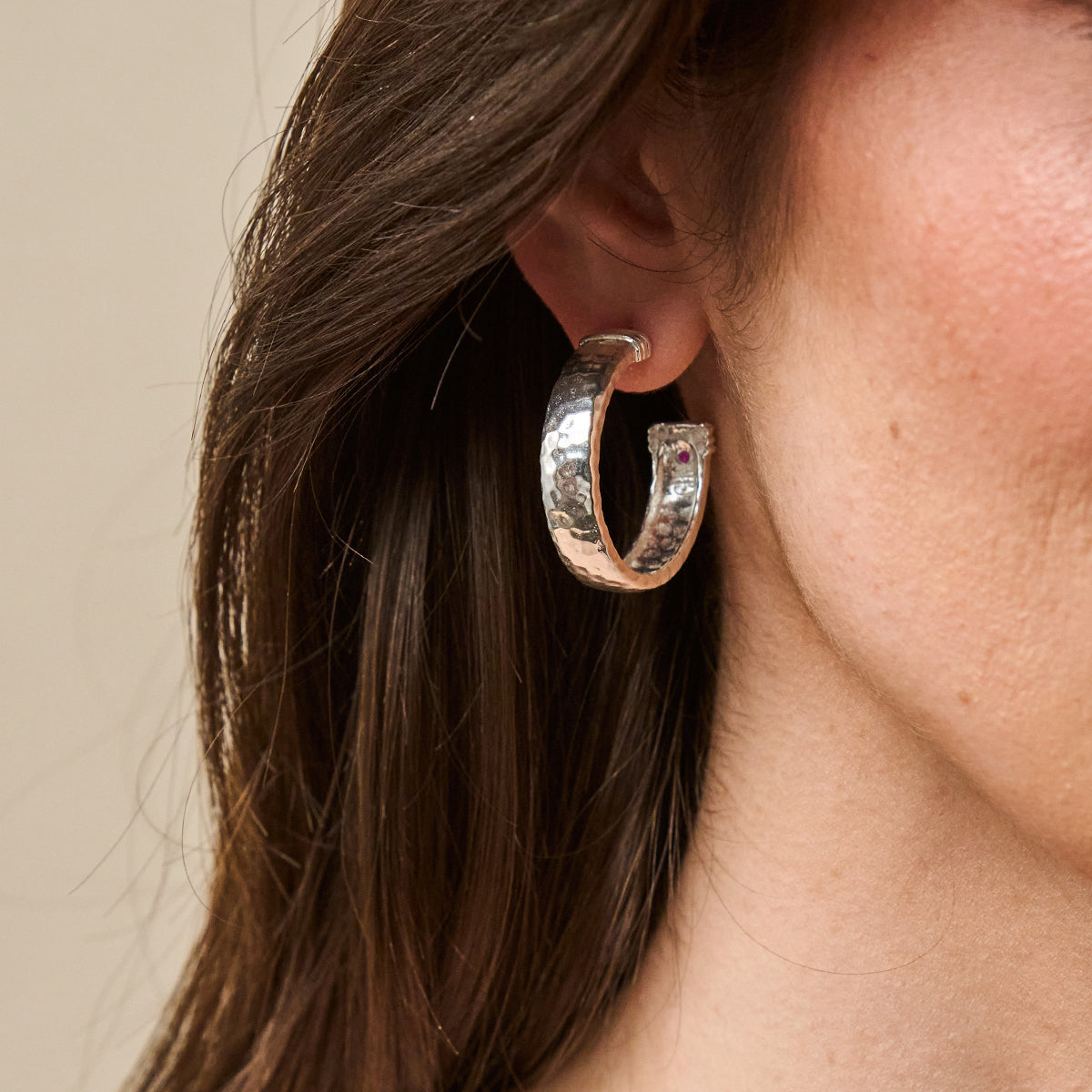 Cleopatra Classic Medium Hoop Earrings - Silver On Model