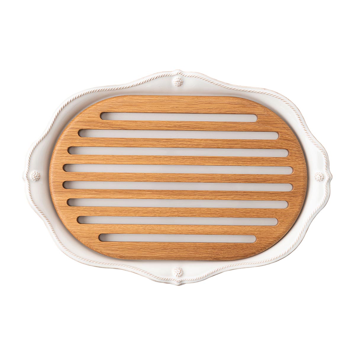 This handsome Challah board  boasts a fluted silhouette trimmed with threads and a  sprinkling  of  berries and  is complete with a  grated tray on top  to  allow for crumbs to fall below and be easily removed for cleanup.    