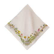 Crisp, cream-colored linen is strewn with a wildflower border amongst berries and brambles (with a sprinkling of little creatures just waiting to be discovered) upon this enchanting napkin that is the perfect embellishment for spring brunches to summer fêtes.