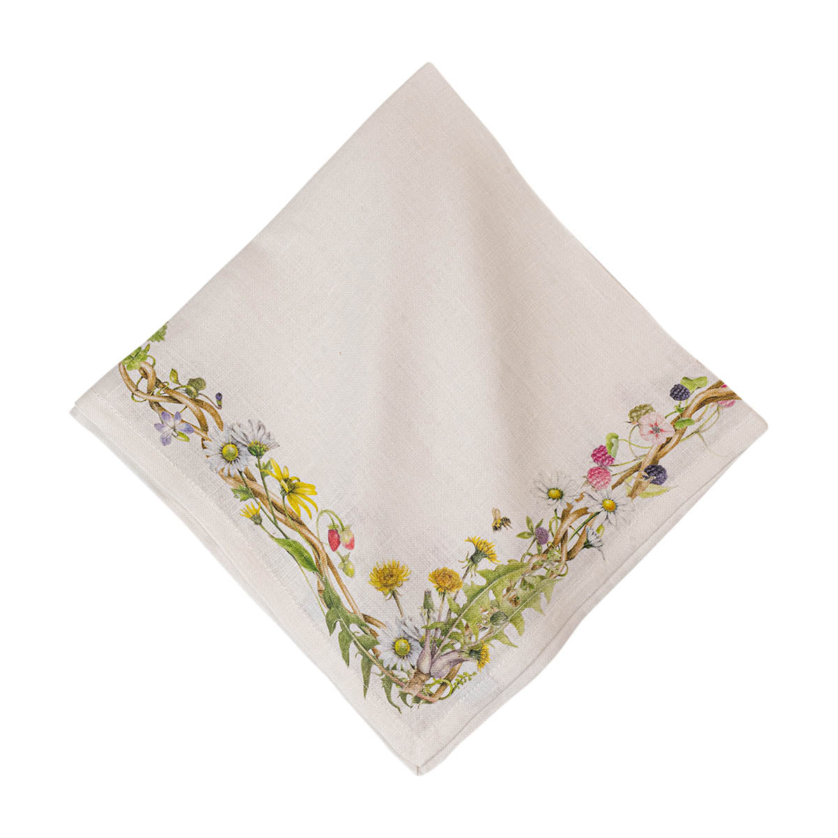 Crisp, cream-colored linen is strewn with a wildflower border amongst berries and brambles (with a sprinkling of little creatures just waiting to be discovered) upon this enchanting napkin that is the perfect embellishment for spring brunches to summer fêtes.