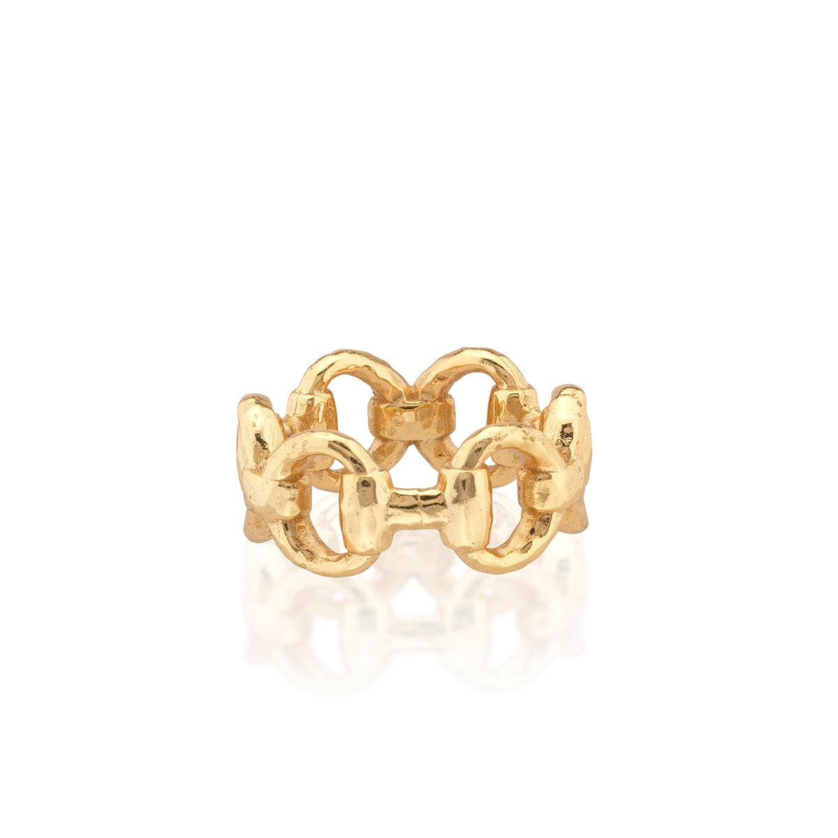 A gold ring with a textured, interlocking circular link design, displayed on a clean white background with a soft reflection underneath.