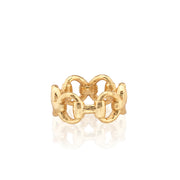 A gold ring with a textured, interlocking circular link design, displayed on a clean white background with a soft reflection underneath.