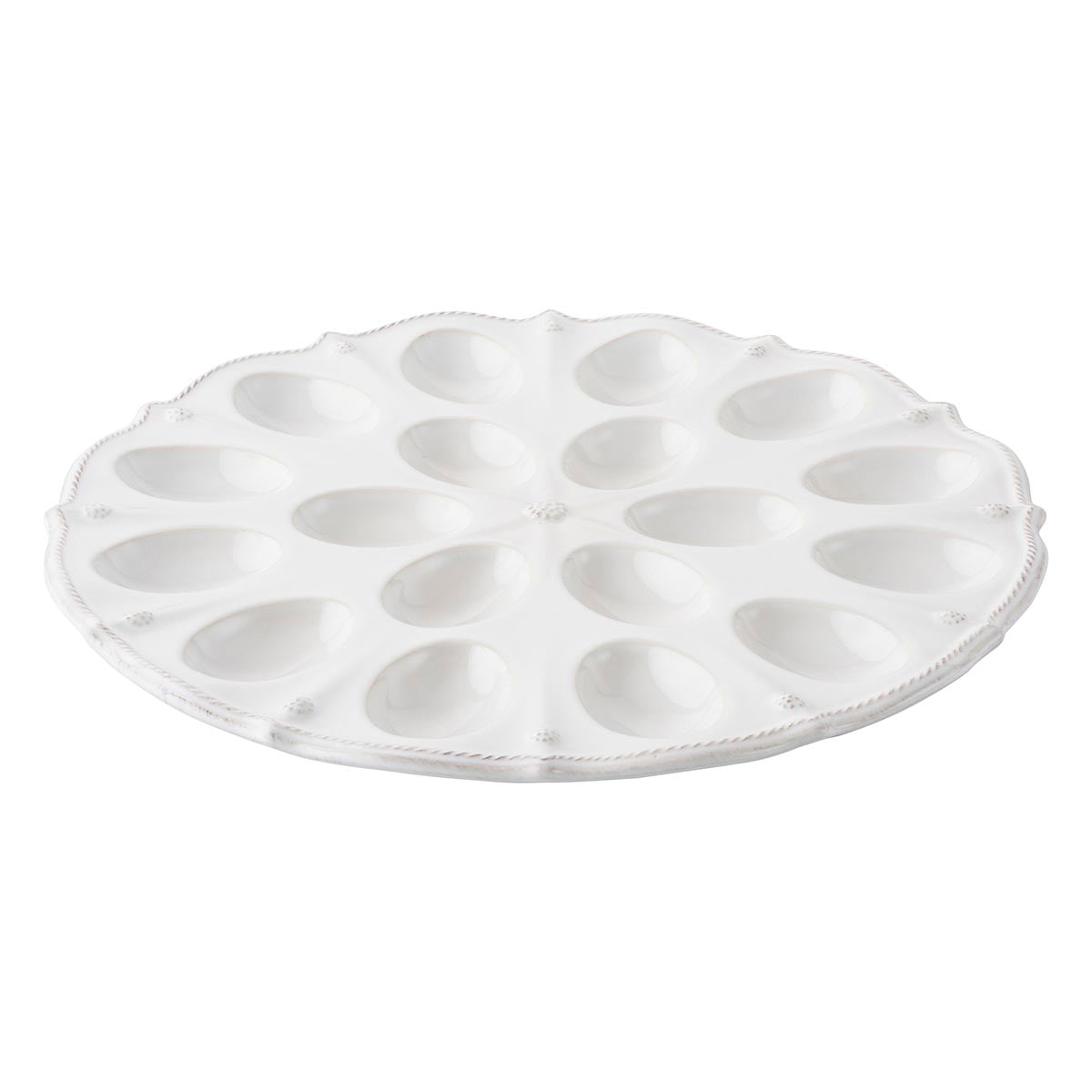 Display your Deviled Eggs in this platter that boasts a scalloped rim replete with our rustic thread and berry motif, and take it to your next potluck.