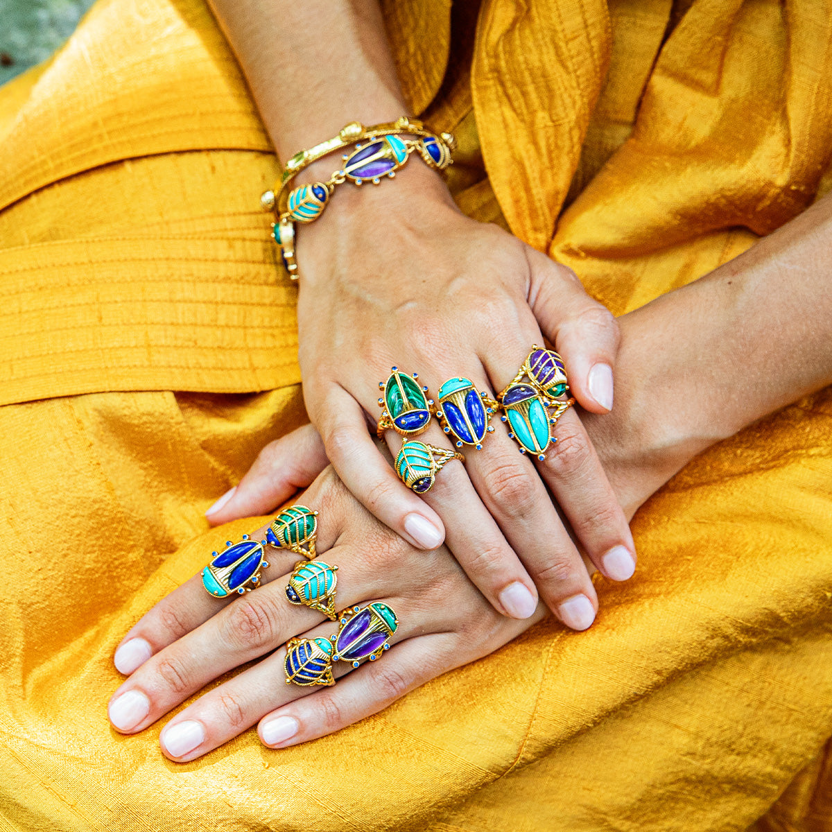 Scarab Petite Ring Amethyst Turquoise, scale reference view