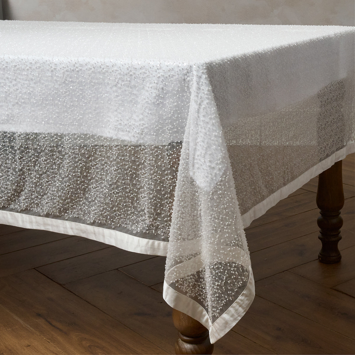 Beaded 60" x 130" Tablecloth – White - styled table setting view