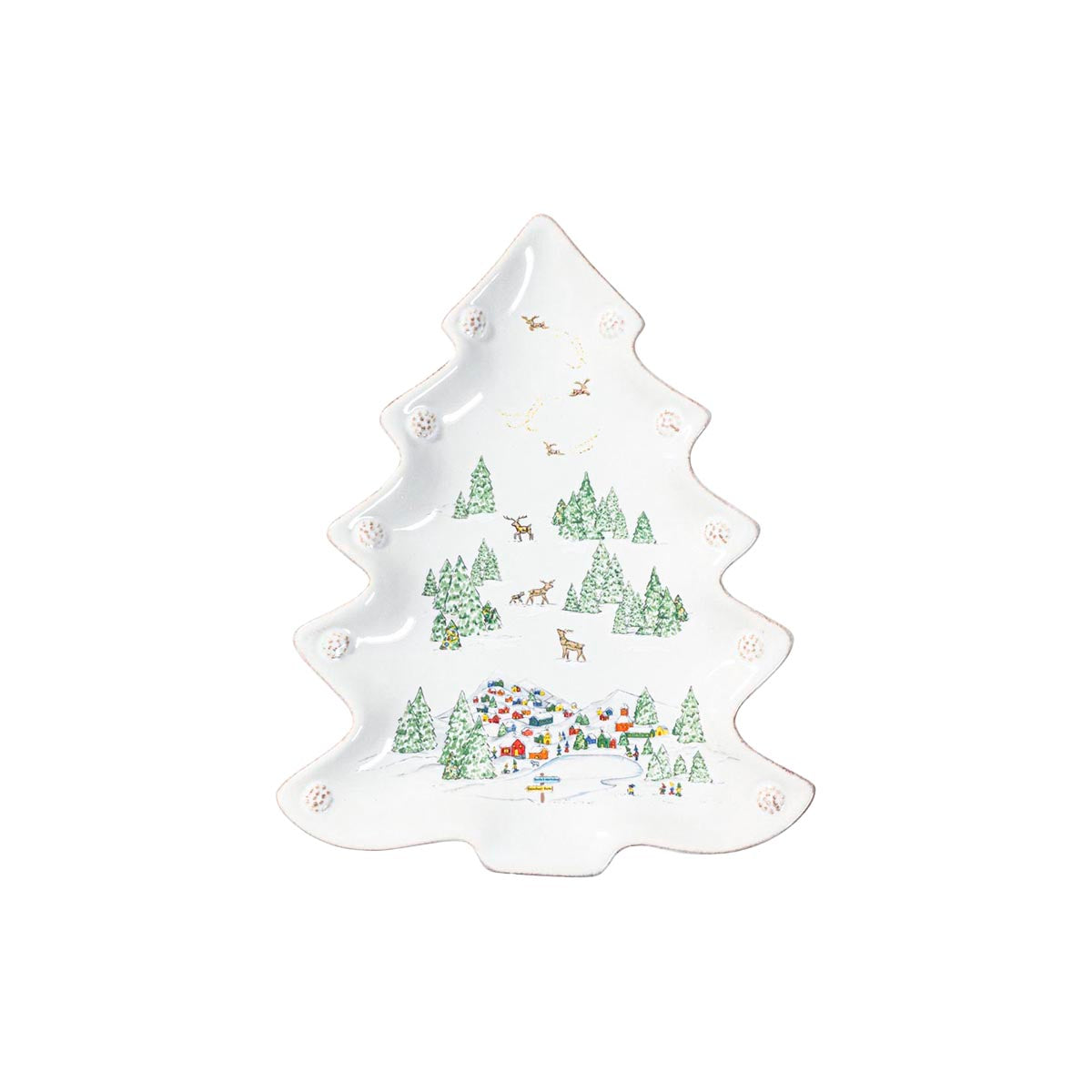 On a gleaming and snowy whitewash background and trimmed with a sprinkling of our iconic berries, this petite tree platter is decorated with our magical winter wonderland scene from the North Pole. Perfect for presenting appetizers and sides, and positively irresistible with homemade sugar cookies!