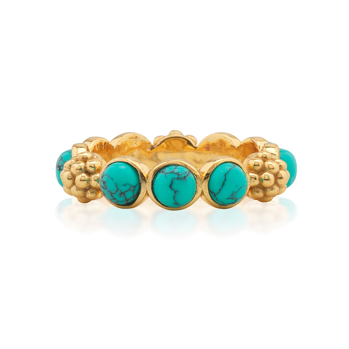 Adorned with lustrous drops of mother of turquoise orbs and a sprinkling of golden berries for a look that is polished and feminine, this ring adds a fabulous flourish to any ensemble—whether you’re running a meeting, hosting a dinner party or jet-setting to Santa Fe. Equally sweet and sophisticated, it’s equally lovely on its own or in a stack.