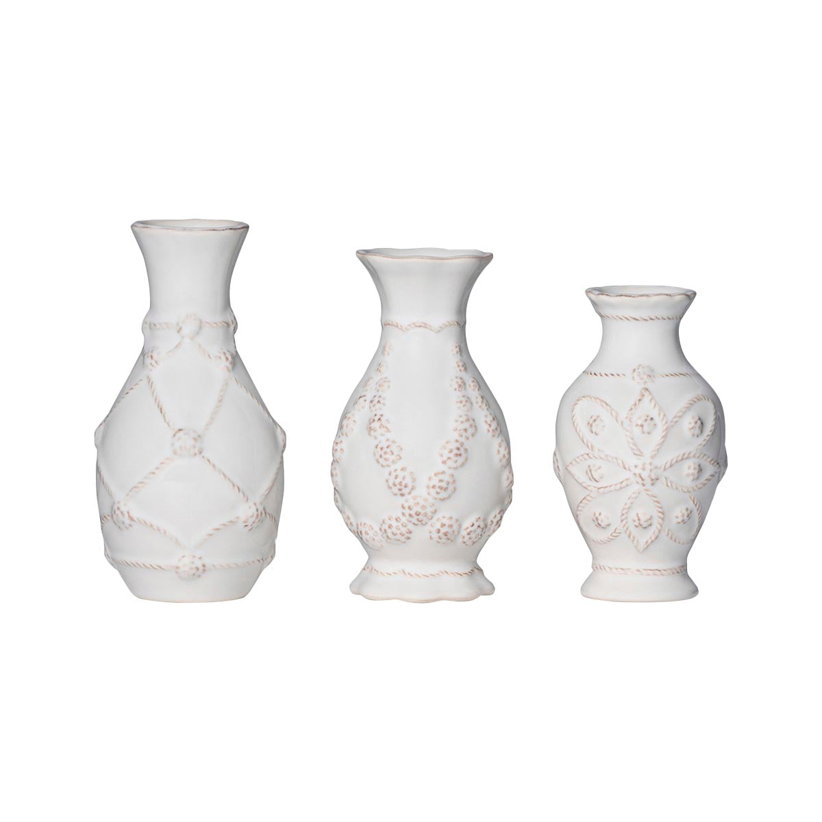 Endlessly enchanted by gardens, we created this petite trio that is festooned with classic estate features of latticework, regal medallions, and sweeping garlands to display blossoms and blooms. Whether used together for a table setting - or singly in small places - this eminently useful set also makes a divine gift. 