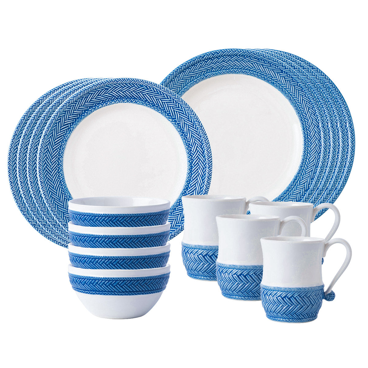This sophisticated 16 piece place setting in whitewash was inspired by the French basket weave often found in equestrian and nautical traditions. This service for four includes 4 dinner plates, dessert/salad plates, cereal/ice cream bowl and mugs.?