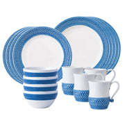 This sophisticated 16 piece place setting in whitewash was inspired by the French basket weave often found in equestrian and nautical traditions. This service for four includes 4 dinner plates, dessert/salad plates, cereal/ice cream bowl and mugs.?
