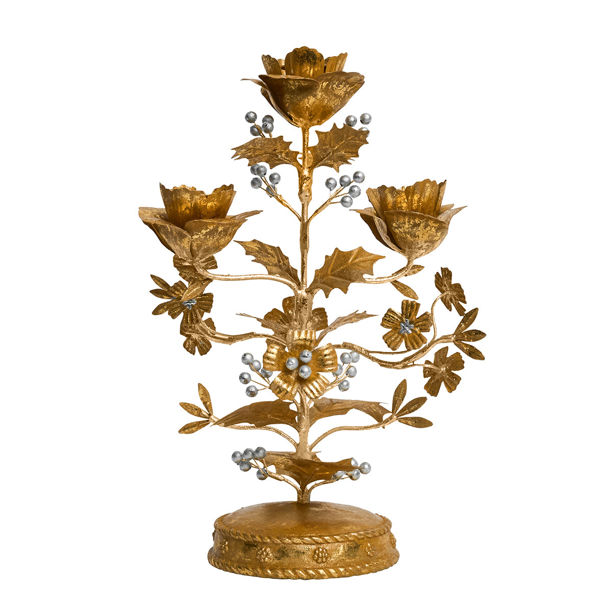 Forest Walk Holly 13" Centerpiece Candelabra - Gold/Silver