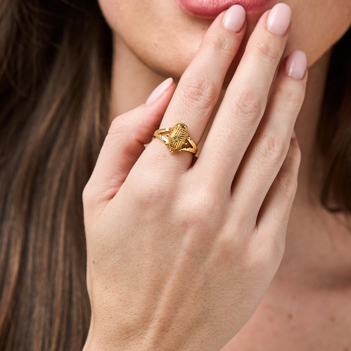 Scarab Gilded Ring - Gold detail view of ring on finger