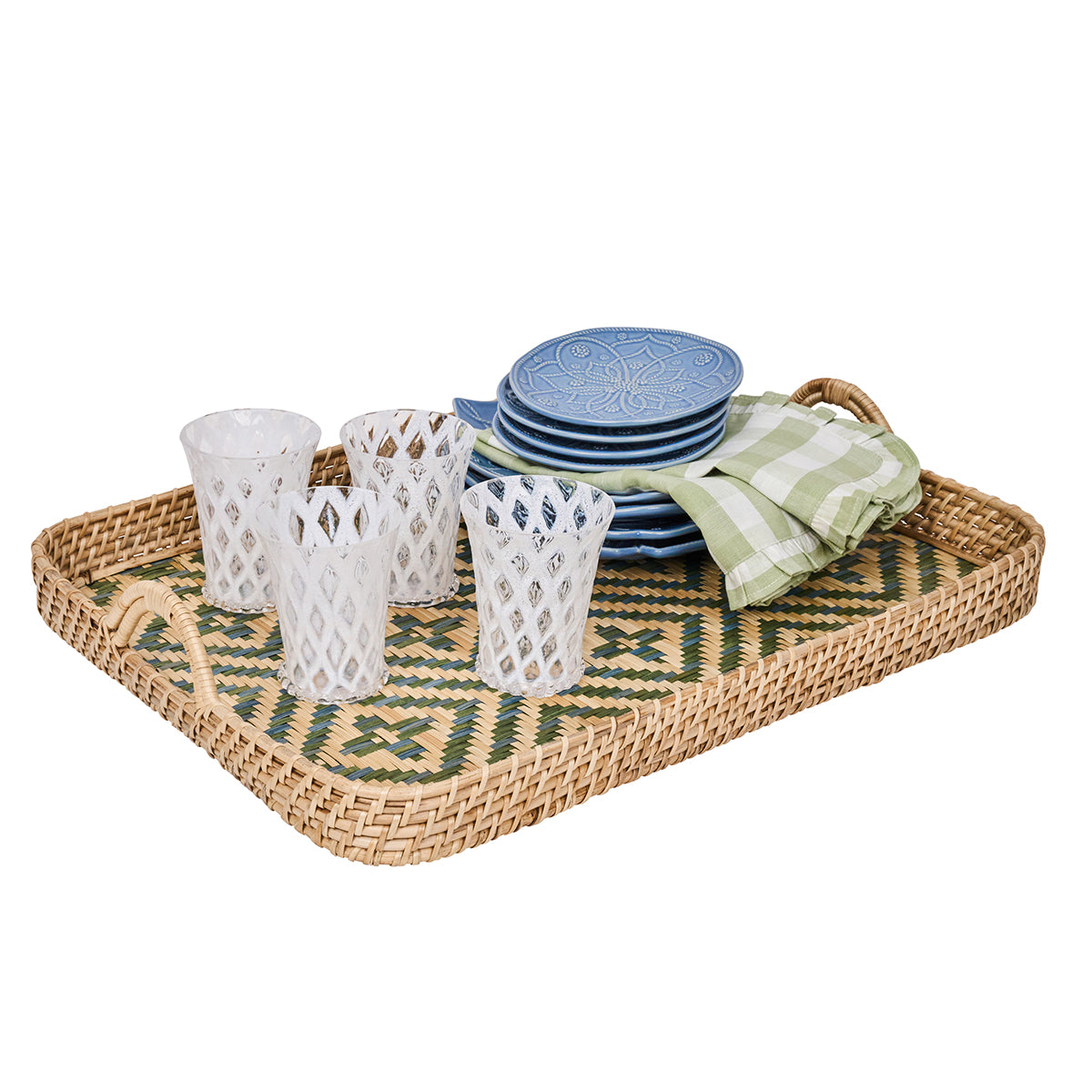Chambray tray in chambray blue by Juliska, styled table setting view