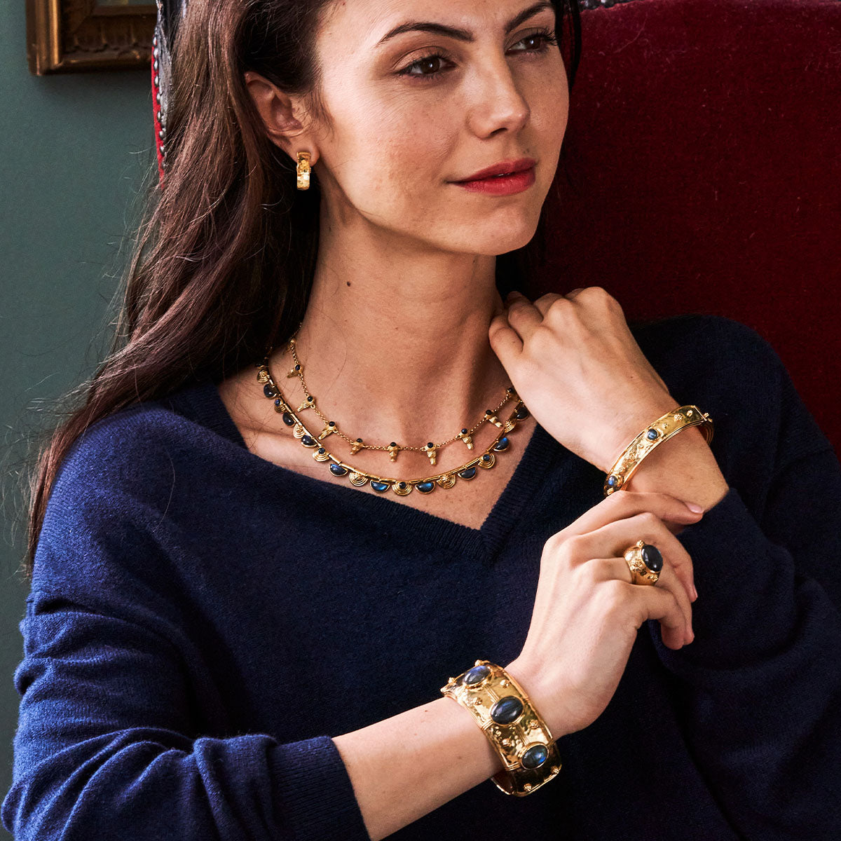 Cleopatra Hinged Bangle - Gold/Blue Labradorite – Juliska