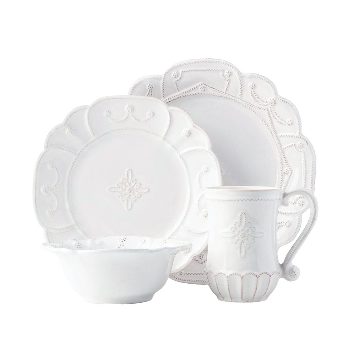 From our Jardins du Monde Collection - Nobly trimmed and hedged with elements of classical symmetry from our four enchanting gardens, this unifying plate adds a dash of elegant grandeur to any table. Four piece setting includes: dinner plate, dessert/salad plate, cereal/ice cream bowl and mug.