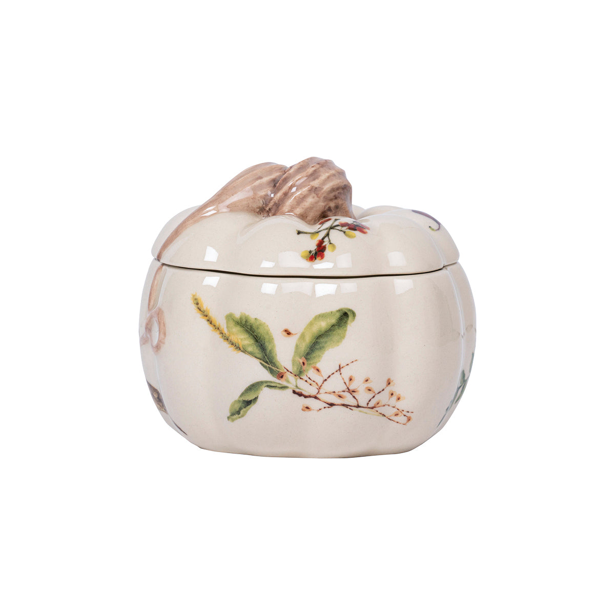 Pumpkin-shaped bowl with a lid, painted with designs of flora and fauna.