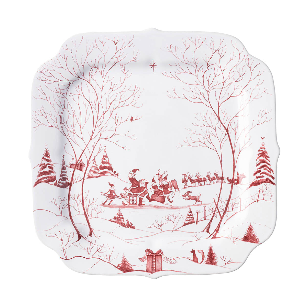 A 12" white tray with red artwork of Santa and his elves preparing his sleigh.