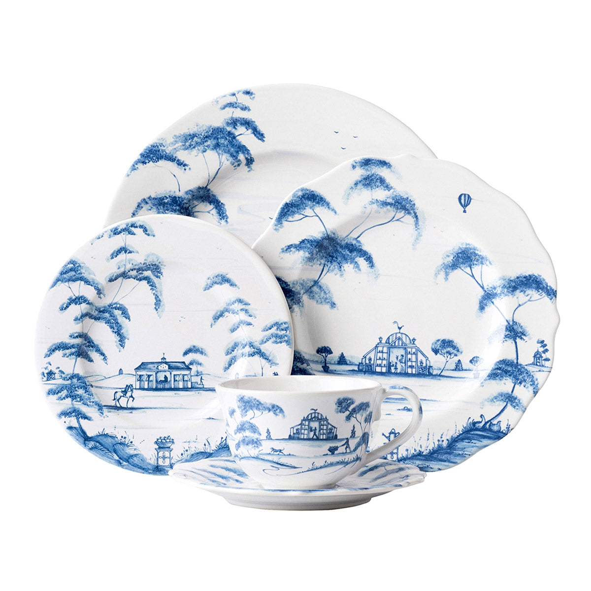 From our Country Estate Collection- Featuring narratives of the English Countryside, our 5 piece setting in delft blue contains a dinner plate, dessert/salad plate, side/cocktail plate, tea/coffee cup and saucer.