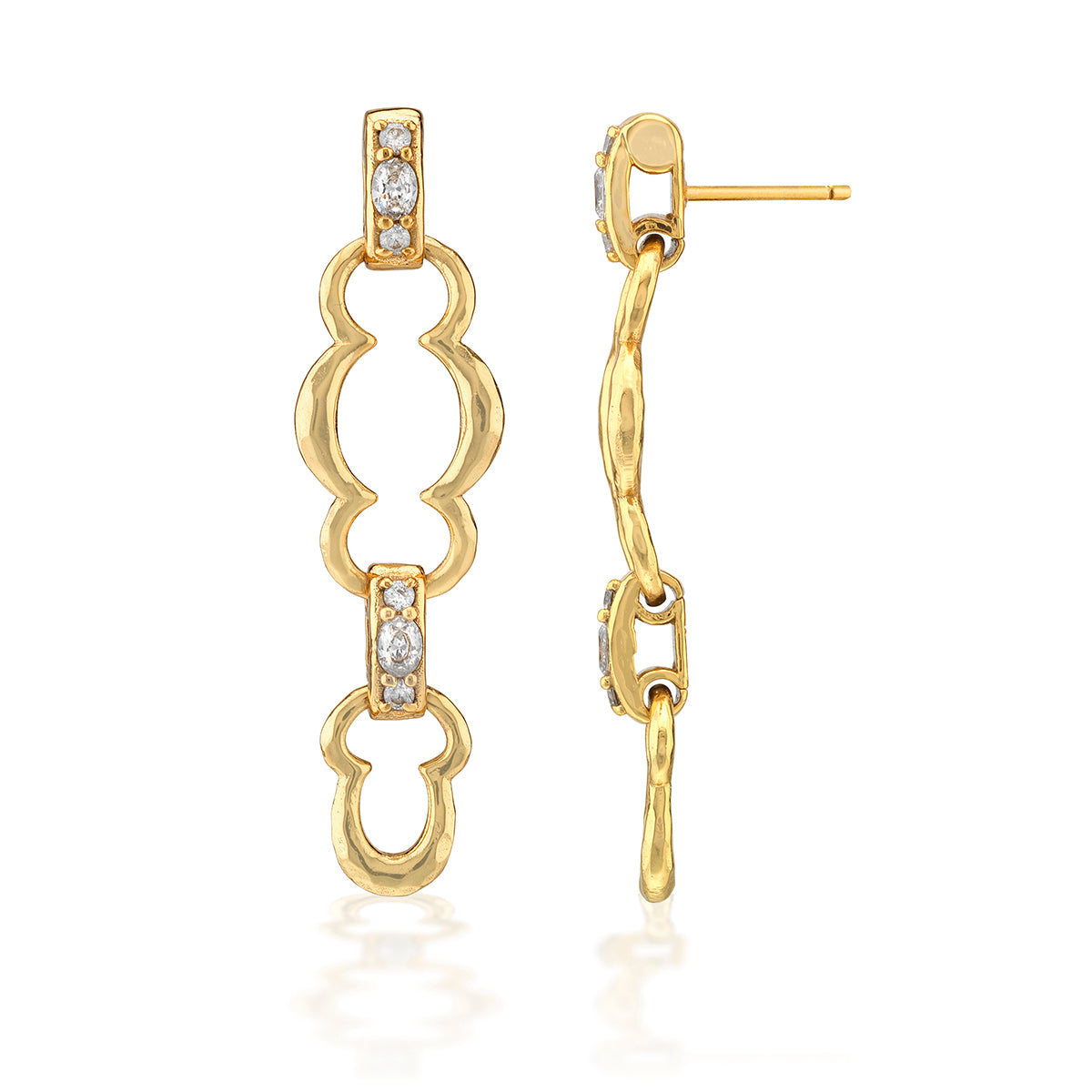 A pair of gold dangle earrings with a scalloped, interlocking design and small clear gemstone accents, shown from both front and side angles on a white background.