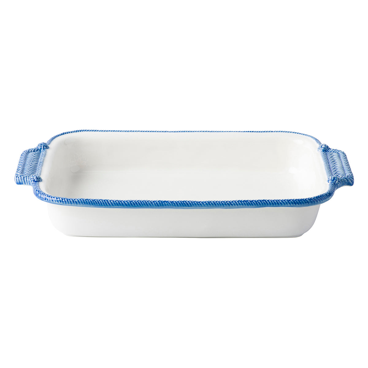 From our Le Panier Collection- The windswept delft blue braided border on this large baking dish is reminiscent of nautical traditions. The pair of pretty handles helps serve up rustic refinement in spades to pair with your legendary cherry lattice slab pie to treat a crowd.
