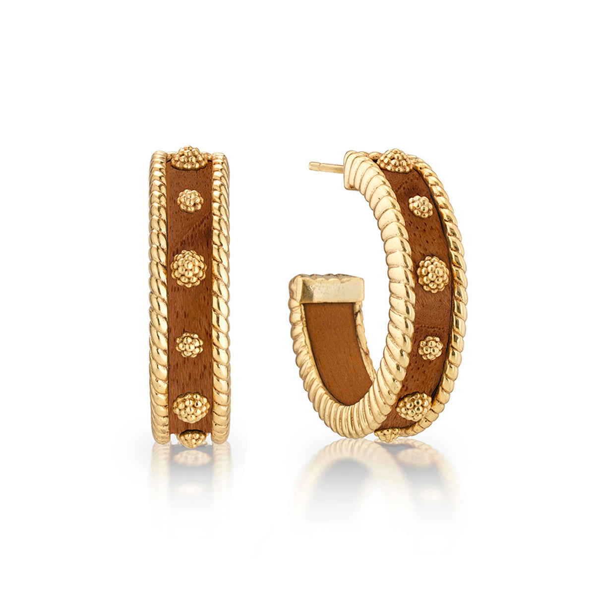 Gold hoop earrings with brown center on a white background