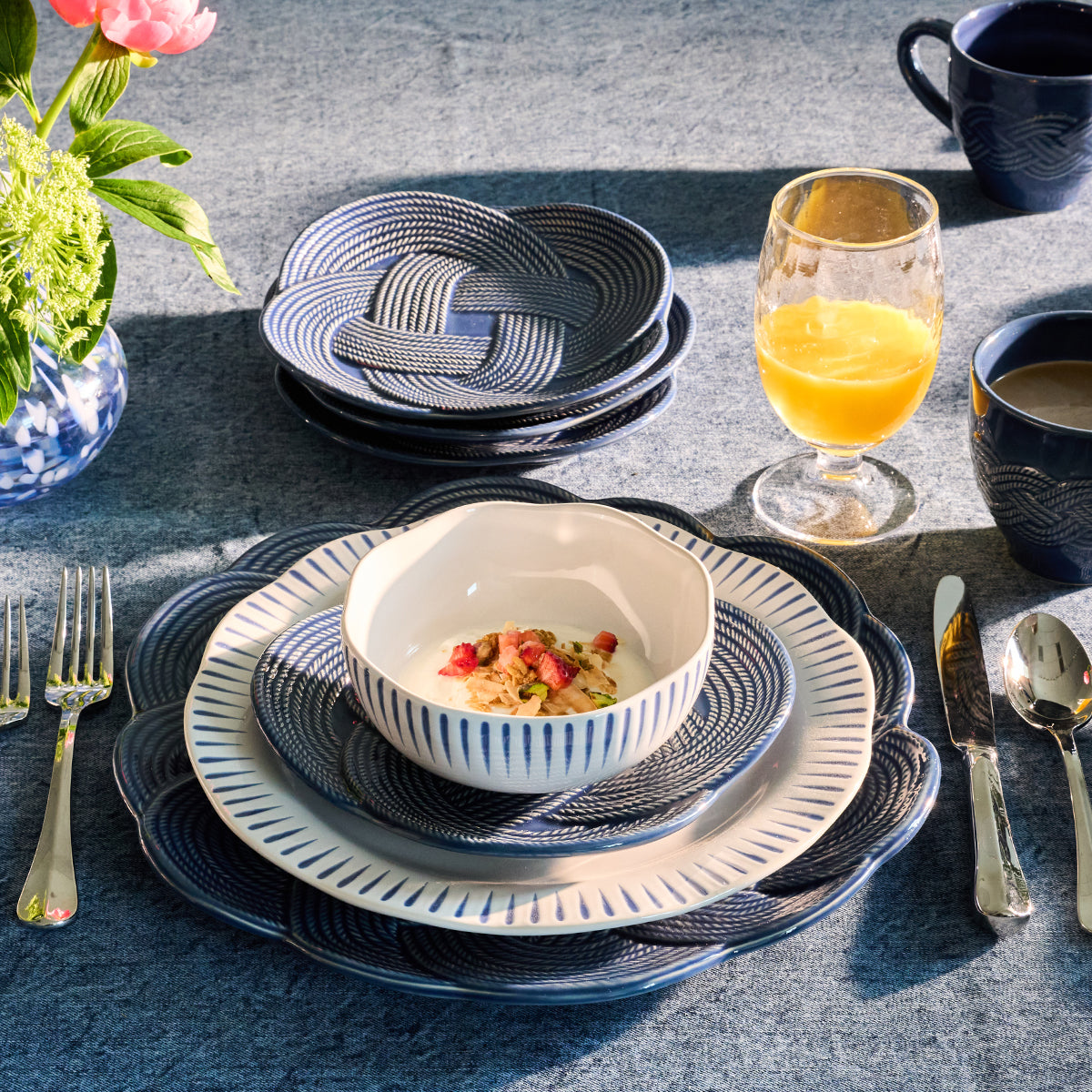 Le Panier Mystic Knot Footed Bowl - Denim - lifestyle setting