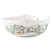 The mythical, folkloric world of the North Pole is hand illustrated atop iconic Berry & Thread shapes in this new holiday collection. Find the elves’ village and Santa’s cottage depicted on this serving bowl with subtle scallop and berry detail along its edge.