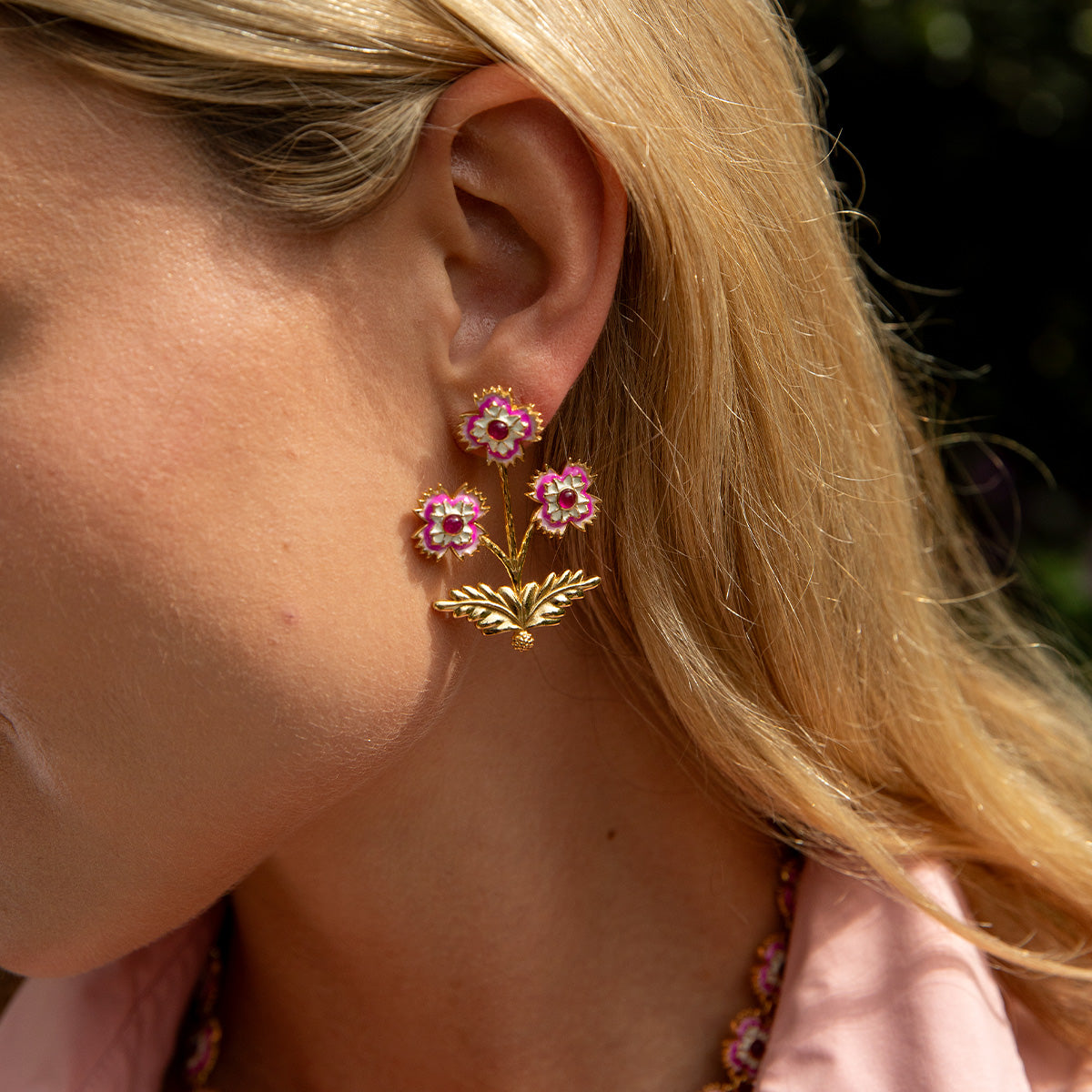 Dianthus Convertible Bouquet Post Earrings Pink, lifestyle setting