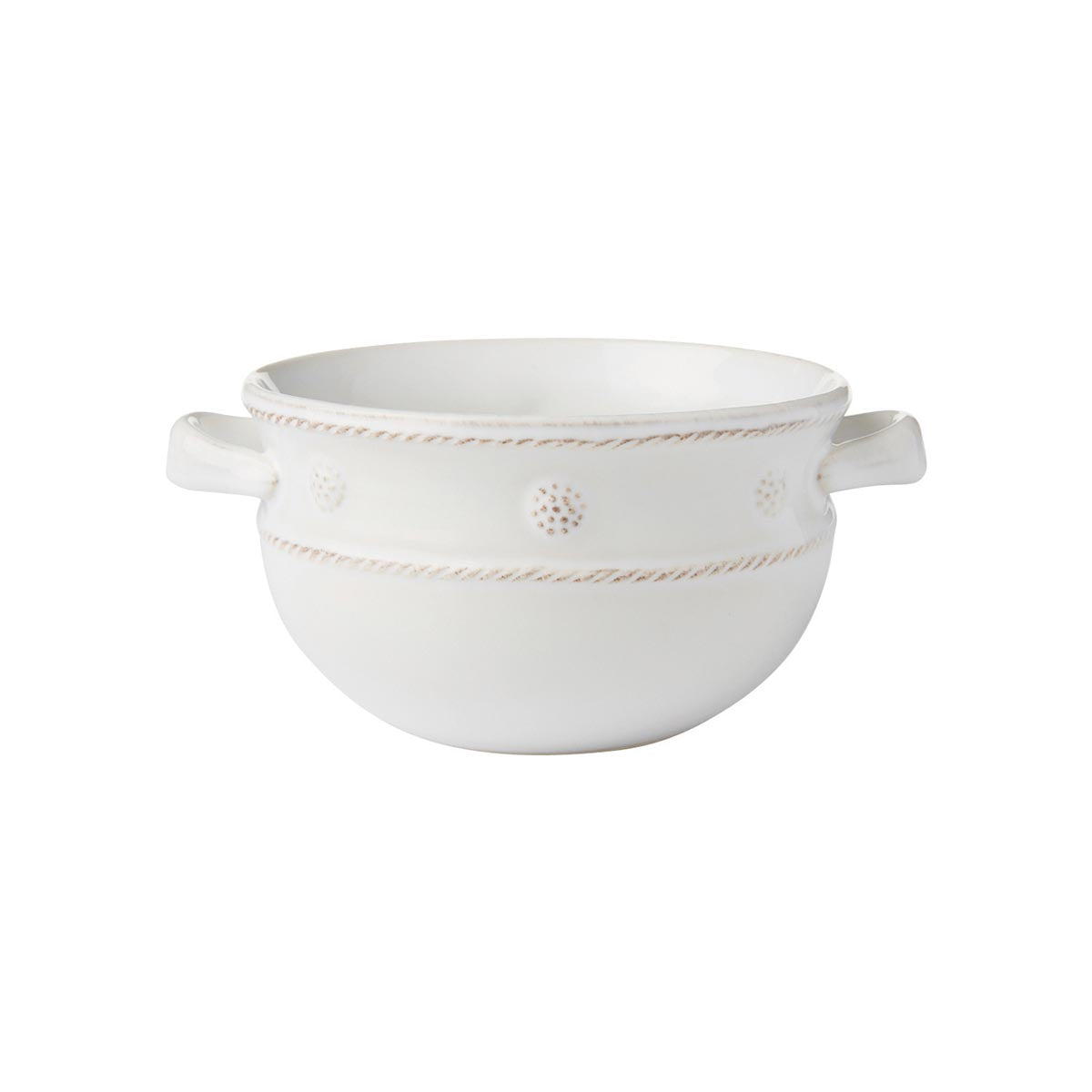 The pair of pretty handles on this bowl entices you to grab hold and eat heartily, from French onion soup a swirl with gruyere to your famous chili.