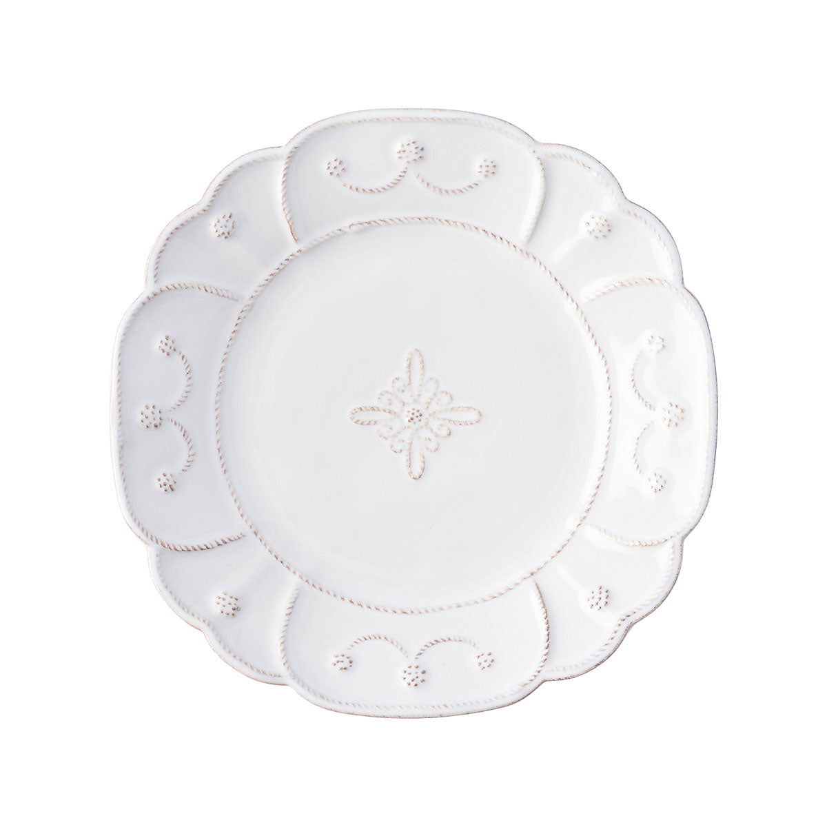 From our Jardins du Monde Collection - Scalloped threaded garlands bedeck the rim of this sweetly sophisticated plate. A medallion at the center symbolizes the refreshing fountains found at the heart of lush European gardens.