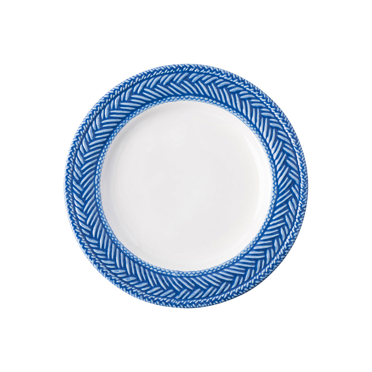 From our Le Panier Collection- Inspired by the French basket weave often found in equestrian and nautical traditions, the border is beautifully hand-painted in a windswept delft blue.