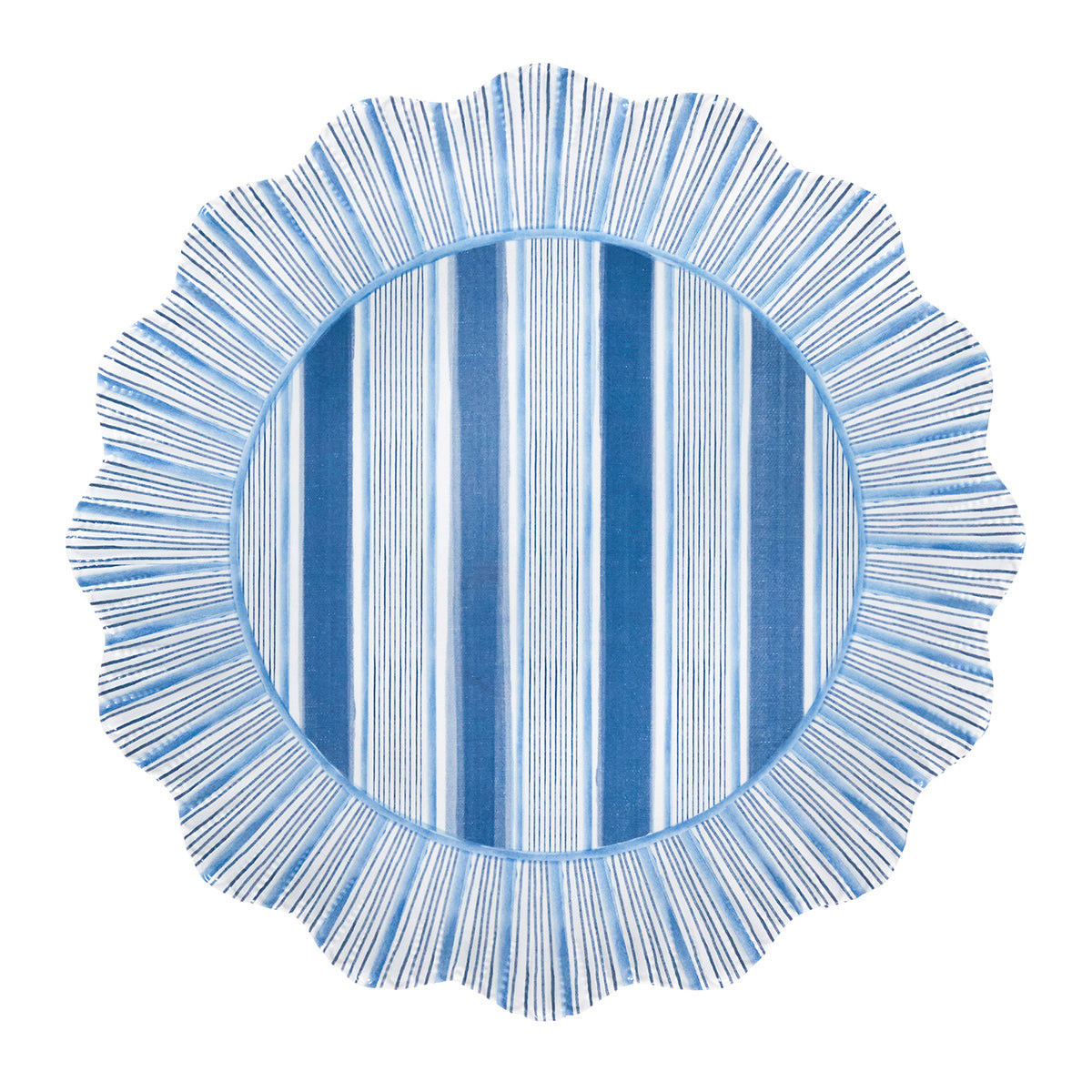 Blue striped melamine dinner plate with scalloped edges