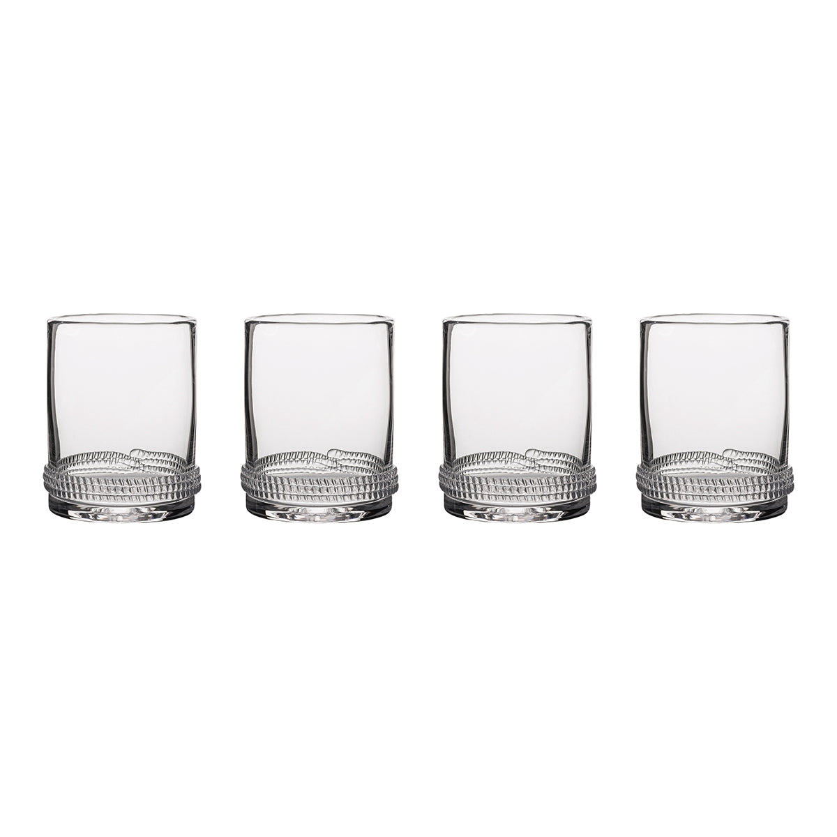 The classic. Four Double Old Fashioned glasses of unrivaled beauty for sipping and savoring the good life. Distinctive for its mix of spiral optic glass and hammered treatment, a ground-breaking technique achieved by our master glass artisans to stunning effect that pairs perfectly with smooth pours, favorite libations, and celebratory moments. Achieve legendary status by showing up with this set, which comes beautifully wrapped in our signature Juliska gift box. Let cocktail hour commence!