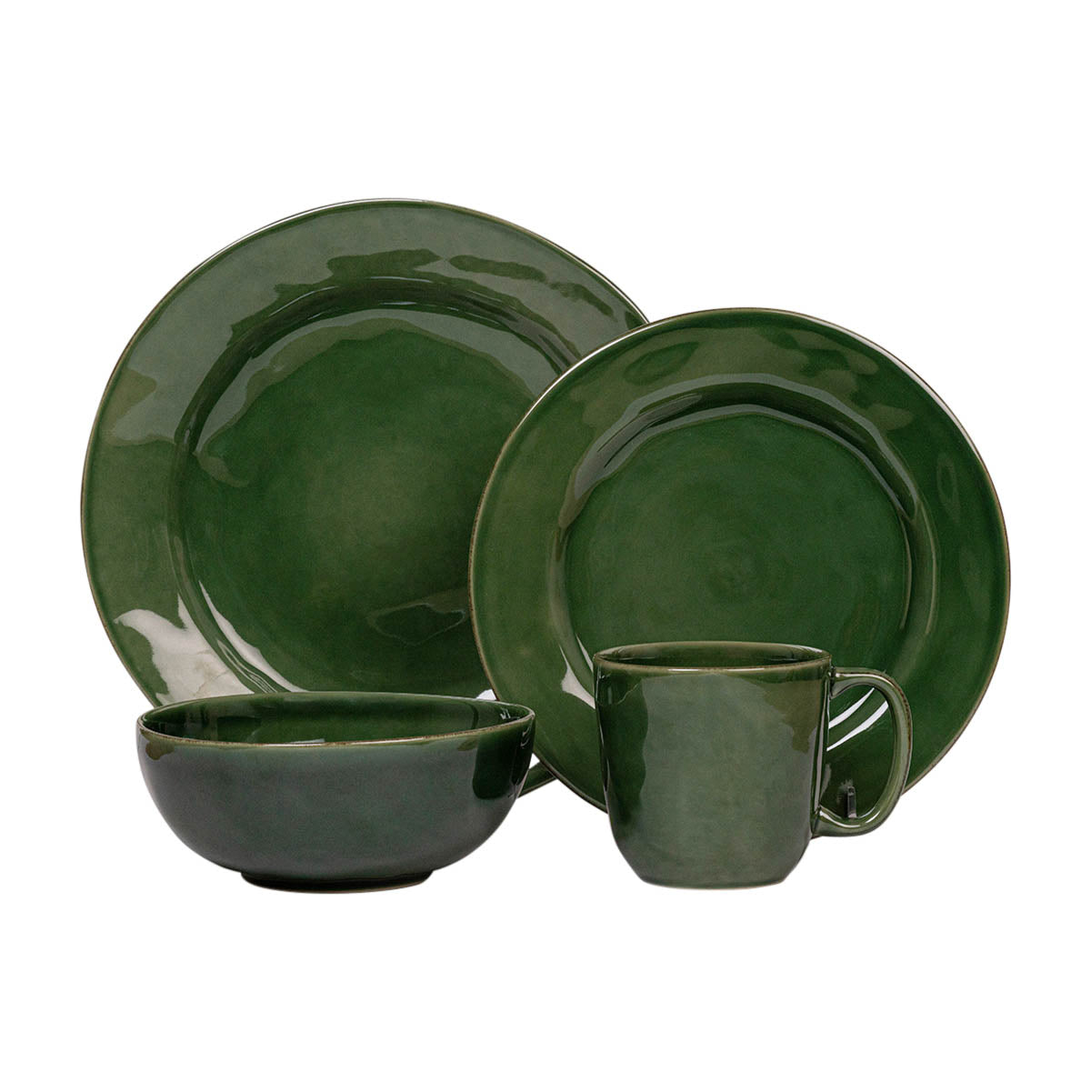 Everything you need to set a stylish place at your table, this collection is perfect for parties, and eminently useful for every day. Purely lovely in its understated aesthetic, the artisanal beauty of this set lies in its studied simplicity for daily use, but also as a must-have for mixing a gorgeous pop of color in lush and verdant green into your table setting repertoire. This four piece place setting includes: dinner plate, dessert/salad plate, cereal/ice cream bowl and mug.