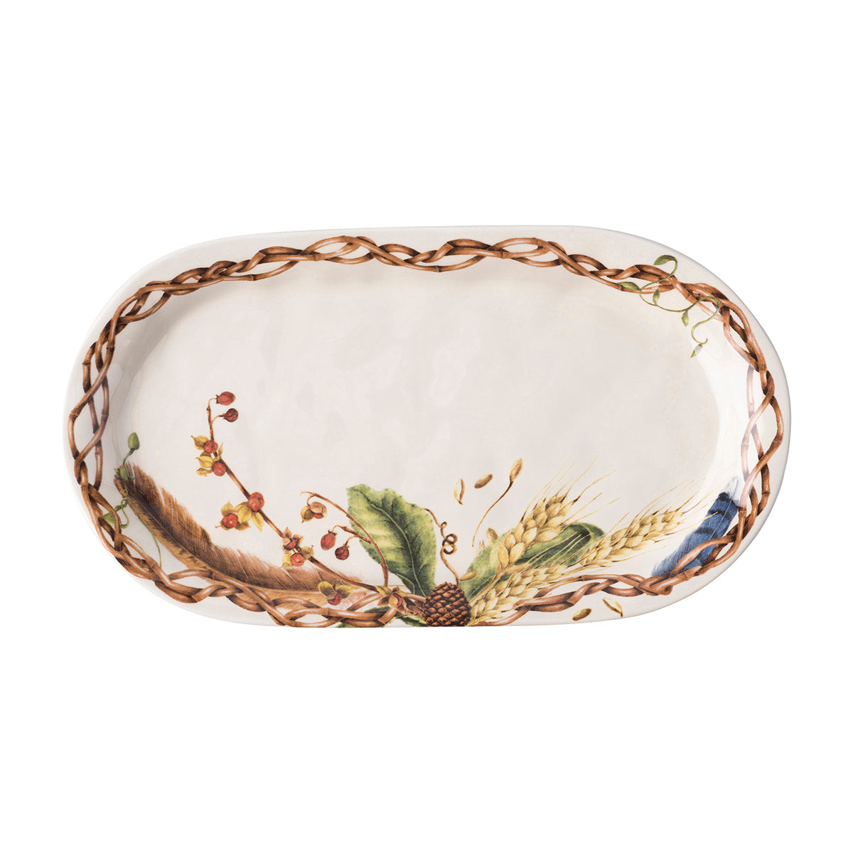 White 13.5" tray with vines and other flora and fauna painted on it.