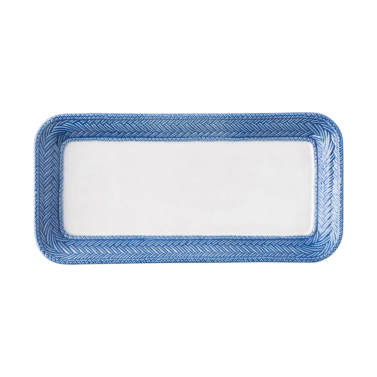 From our Le Panier Collection - Inspired by the French basket weave often found in equestrian and nautical traditions, this tray is trimmed with a beautifully hand-painted Delft Blue herringbone band. Ideal for both host and hostess, it can house spectacles on a desktop or display homemade truffles for dessert.