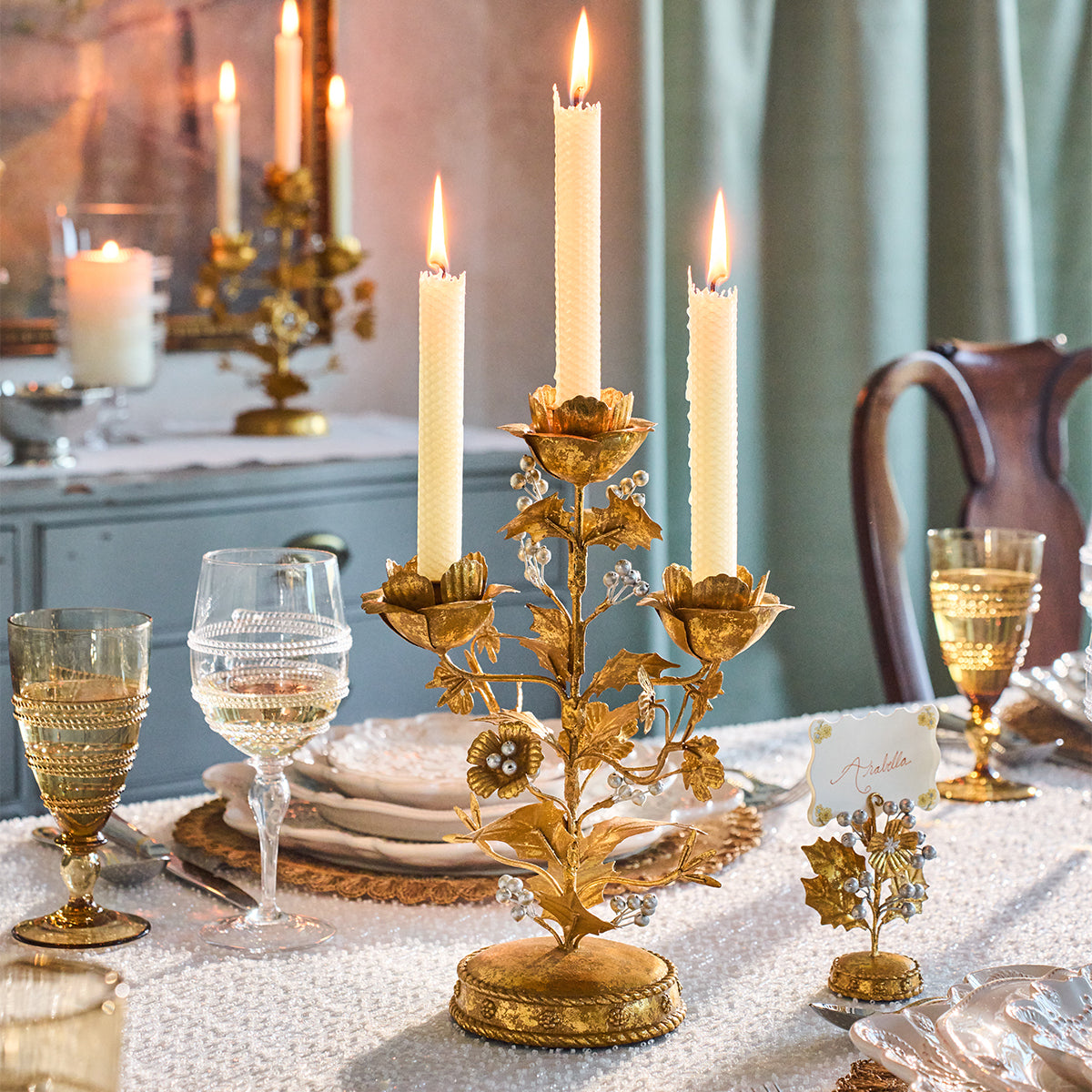 Forest Walk Holly 13" Centerpiece Candelabra - Gold/Silver - detail view