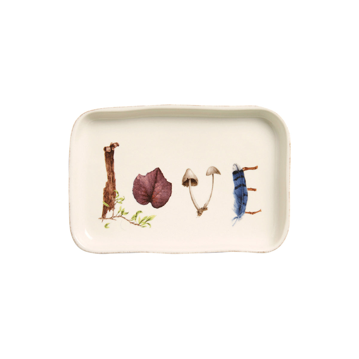 7.5" tray with flora and fauna painted on it to spell the word "Love."
