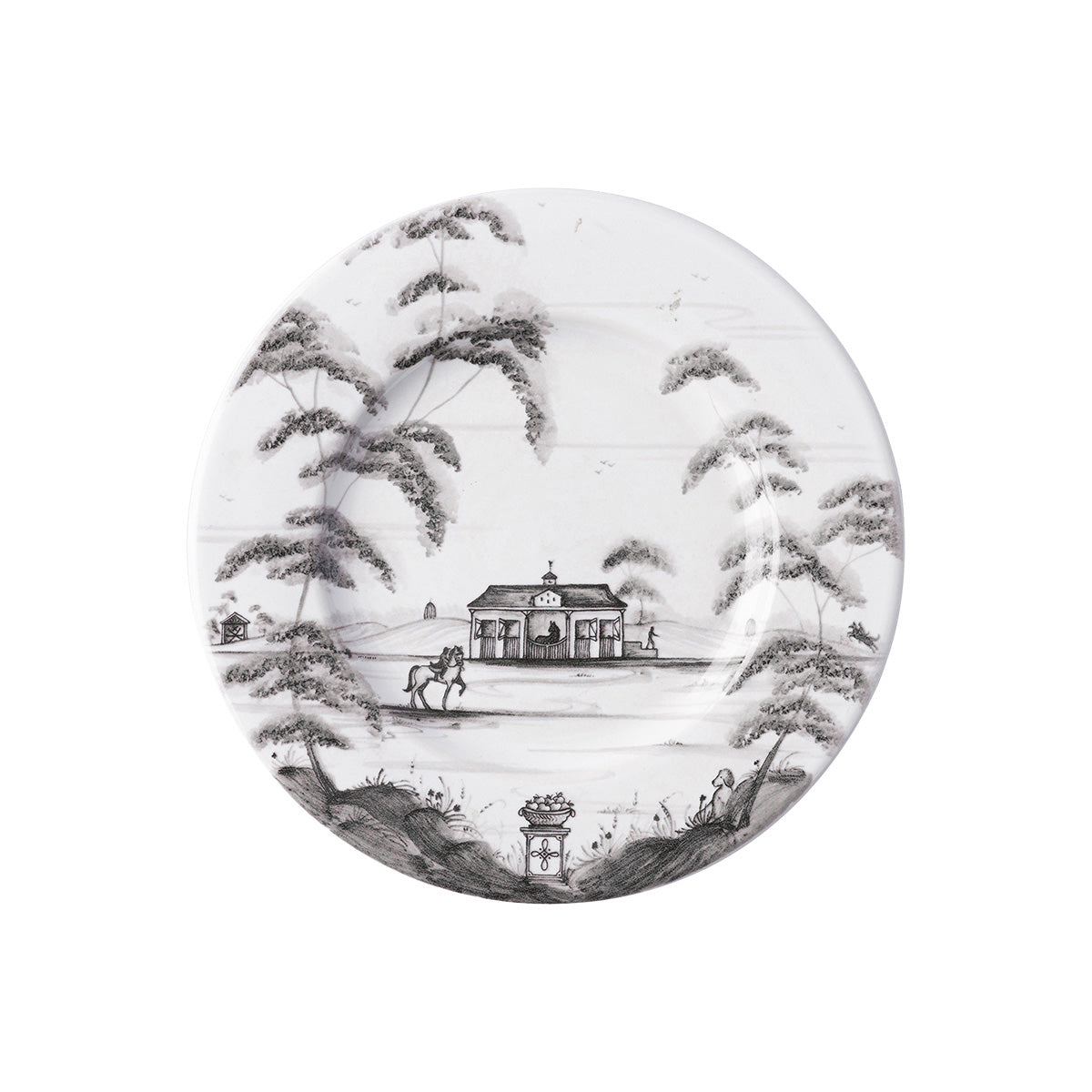 From our Country Estate Collection- A galivant across the fields on your favorite filly from our stables promotes rosy cheeks and stimulates the appetite. Our side plate is the perfect companion to a slice of homemade bread, generously slathered with butter. Featuring: Stable and Golf Hut.