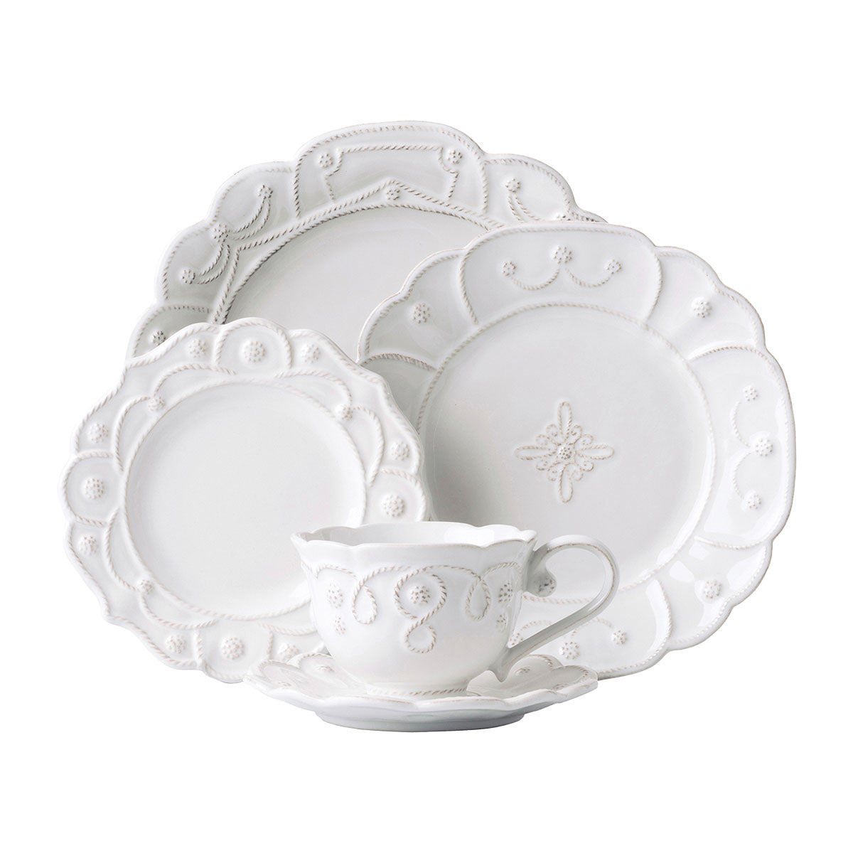 From our Jardins du Monde Collection - Nobly trimmed and hedged with elements of classical symmetry from our four enchanting gardens, this unifying plate adds a dash of elegant grandeur to any table. Five piece setting includes: dinner plate, dessert/salad plate, side/cocktail plate, tea/coffee cup and saucer.